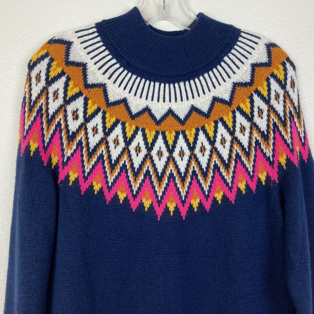 Old Navy Fair Isle Sweater Dress Size S Navy Blue Cotton Blend Mock Neck - Picture 7 of 9